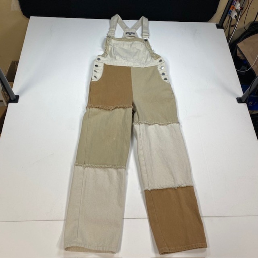 Blue Blush Womens Patchwork Denim Overalls Tan Cream Frayed Straight Leg Small